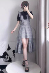 Grey Sleeveless Plaid Print Ruffle Slim Elegant Irregular Jirai Kei Dress
